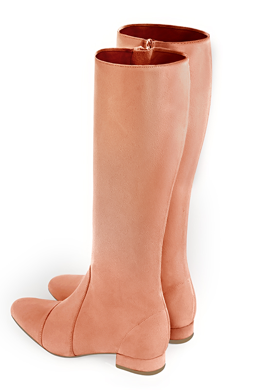 Peach orange women's feminine knee-high boots. Round toe. Flat block heels. Made to measure. Rear view - Florence KOOIJMAN